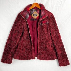 Pendleton Jacket Women M Medium Burdundy Red Deep Pile Full Zip Fuzzy Coat Plaid